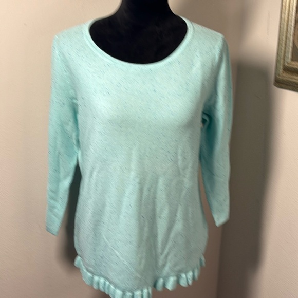 Talbots light aqua speckled ruffle hem 3/4 sleeves spring cotton blend sweater L - Picture 1 of 8